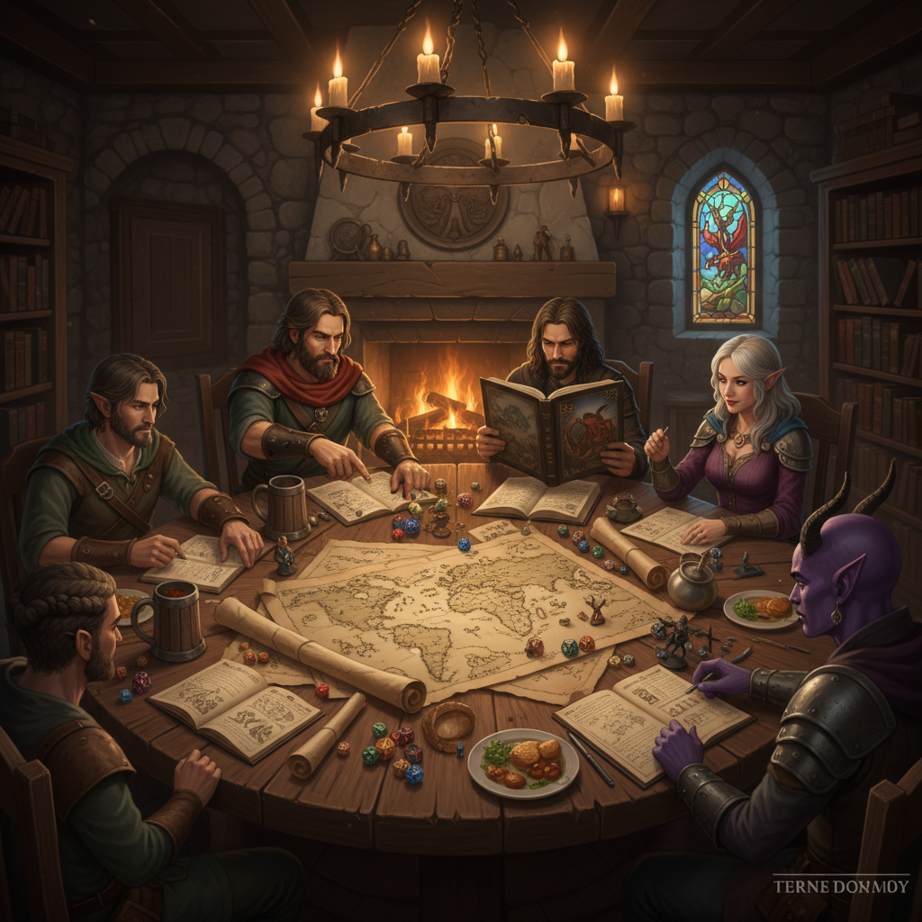 Dungeons & Dragons campaign scene with adventurers around a table, fantasy maps, dice, and character sheets