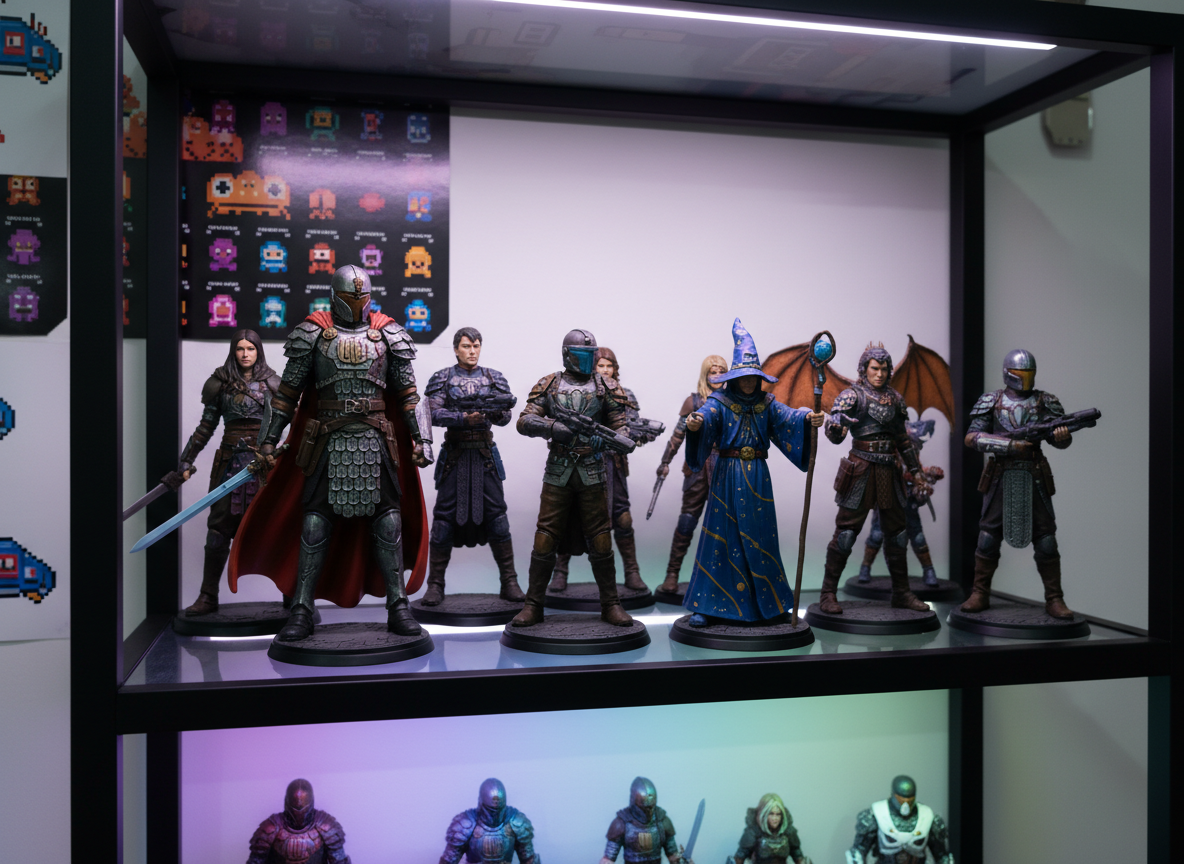 A striking close-up of a carefully organized shelf lined with detailed figurines of legendary sci-fi and fantasy characters, all crafted from painted resin with subtle textural variations to their armor, cloaks, and mythical accessories. The shelf, made from sleek black metal, sits against a backdrop of minimalist white walls decorated with pixel art posters and soft LED accent lights emitting a gently colored glow. Focused studio lighting from above creates crisp highlights on the figurines’ features and dramatic shadows underneath, accentuating their epic poses. Captured from a slightly low angle with shallow depth of field, the atmosphere conveys admiration and a sense of wonder. The aesthetic is polished, vibrant, and clean, celebrating the artistry and diversity within nerd culture collections.