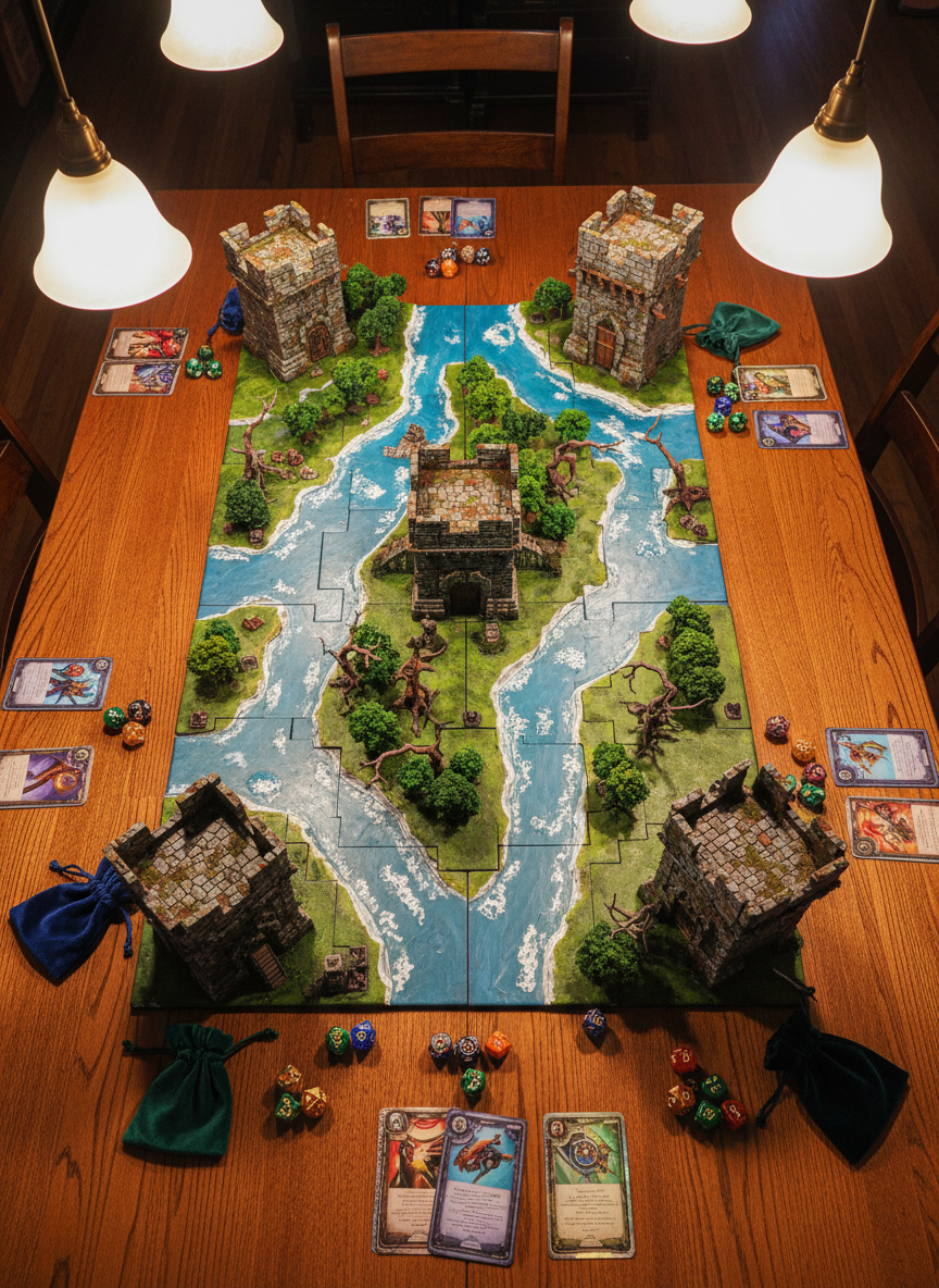 A meticulously rendered tabletop gaming setup featuring a sprawling, hand-painted fantasy game board with winding rivers, textured forests, and modular castle pieces accented with realistic weathering effects. Miniature dice, cards with holographic elements, and velvet dice pouches are placed around the board on a rich oak table. The scene is lit by soft, warm pendant lights overhead, casting gentle glows and intricate shadows across the landscape. Shot from a bird’s eye view to capture the entire immersive game world, the composition uses rule of thirds to balance elements. The mood is inviting and engaging, evoking the thrill of collaboration and imagination. The artistic style is vibrant and modern, with crisp, clean details that celebrate both craftsmanship and shared experience.